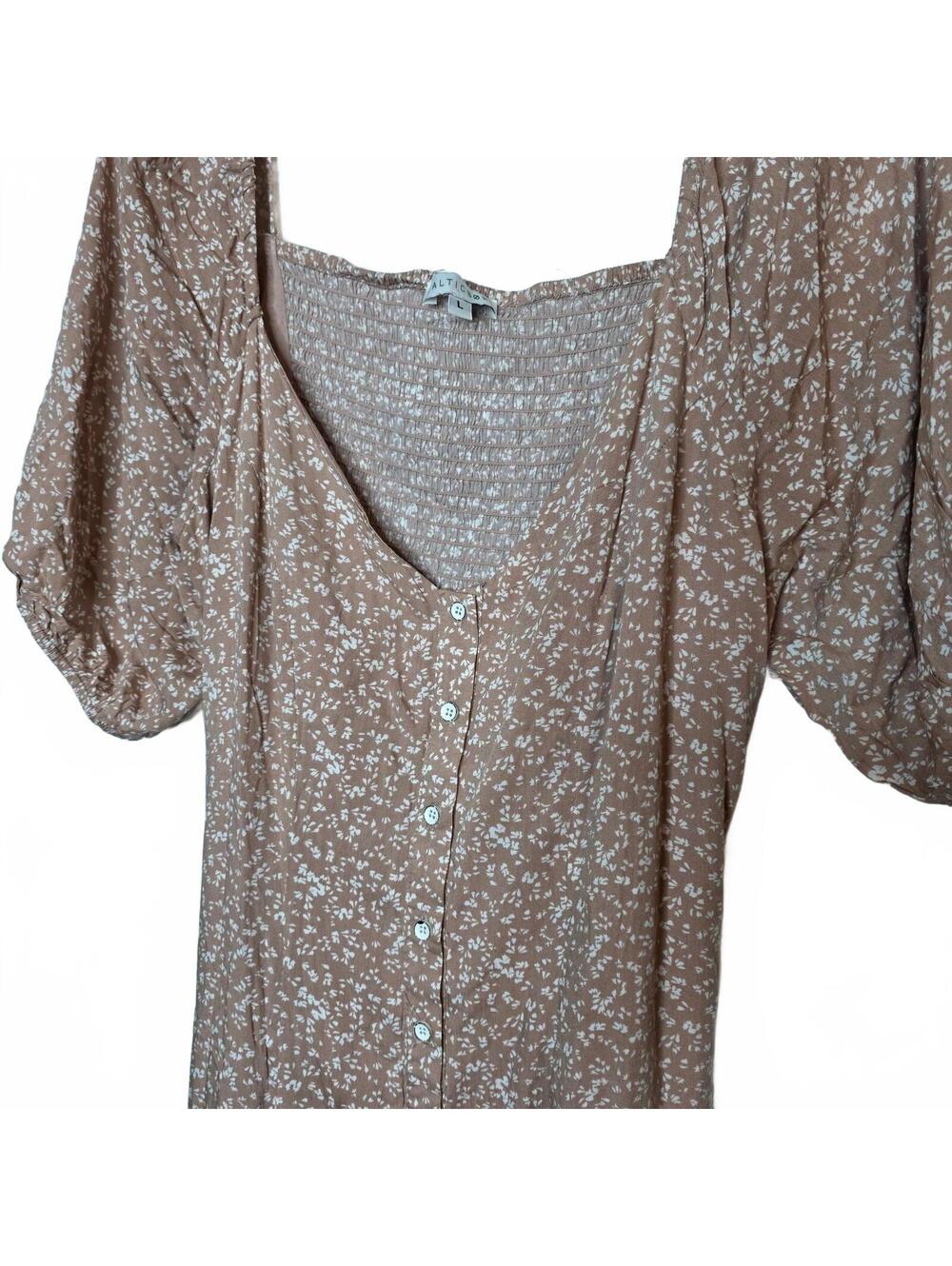 BALTICBORN Brown Floral Button-Front Midi Dress with Puff Sleeves Size L - Picture 2 of 8